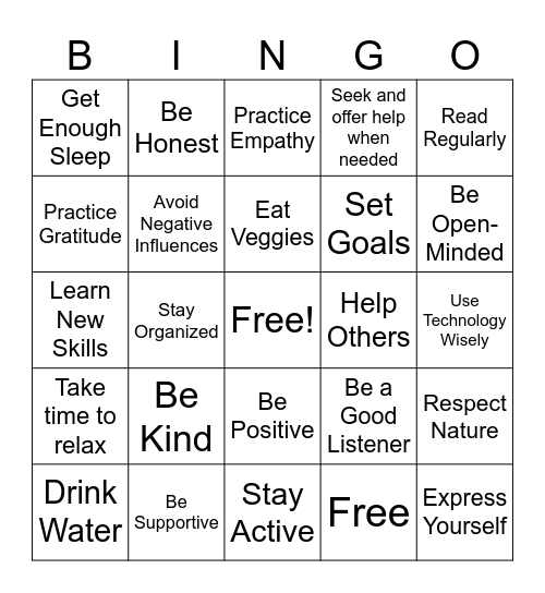 Good Choices Bingo Card