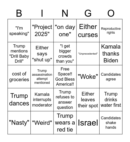 Harris v. Trump Debate Bingo Card