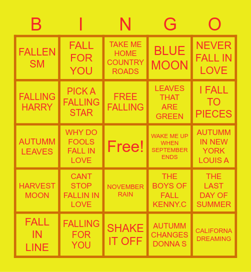 FALL SONGS Bingo Card