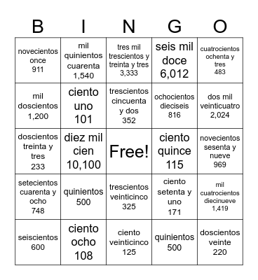 Numeros 100-1000 Bingo Card