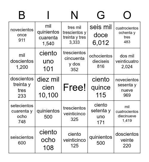 Numeros 100-1000 Bingo Card