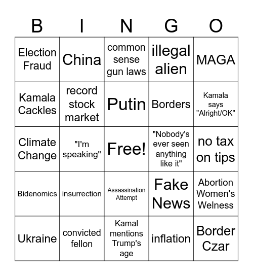 Trump V Harris Debate 2024 Bingo Card