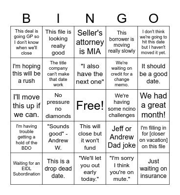 Closing Calendar Update Bingo Card