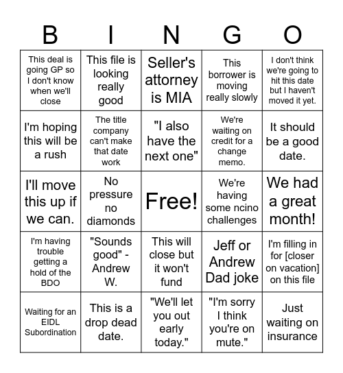 Closing Calendar Update Bingo Card