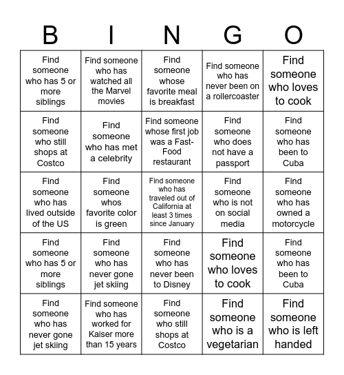 GET TO KNOW YOU Bingo Card