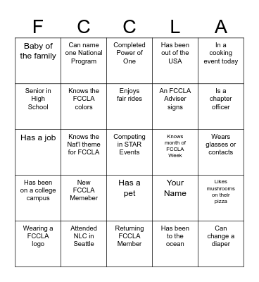 FCCLA Ice Breaker Bingo Card