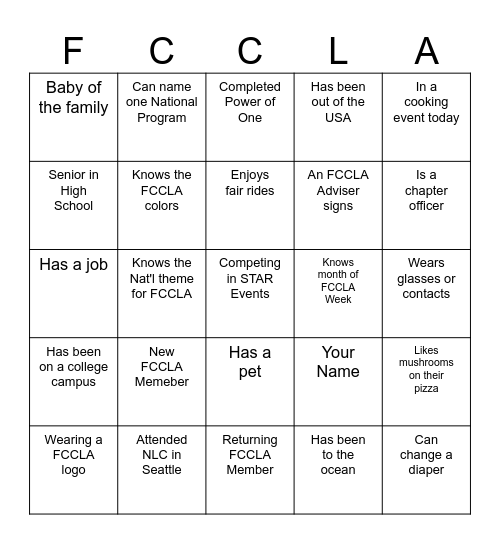 FCCLA Ice Breaker Bingo Card