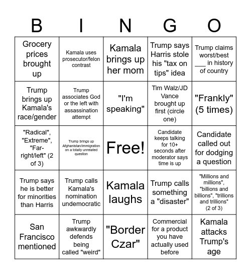 Trump x Kamala Bingo Card