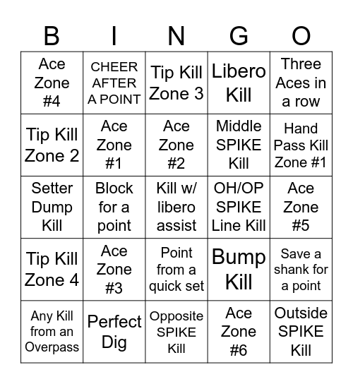 Volleyball Bingo Card