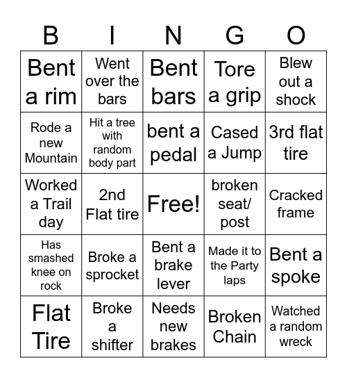 Jason Mountain Bike Bingo Card