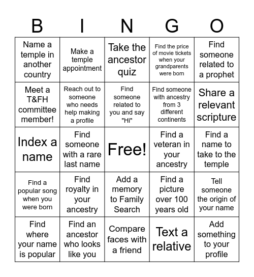 Temple and Family History BINGO Card