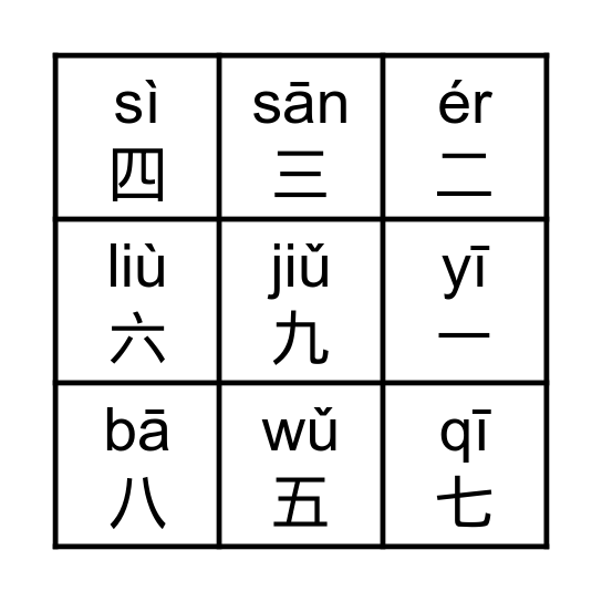 Chinese Numbers Bingo Card