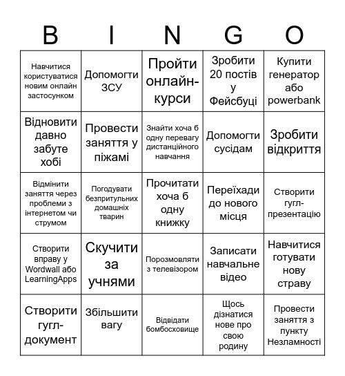 Під час військово-дистанційного навчання встиг/-ла Bingo Card