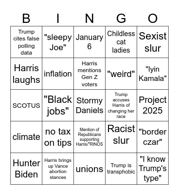 Harris Trump Debate Bingo Card