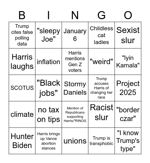 Harris Trump Debate Bingo Card