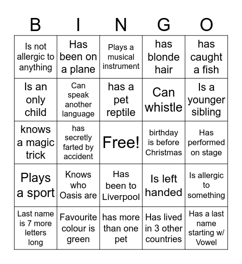 Get To Know You Bingo Card