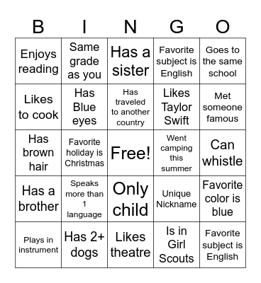 Junior Dance Bingo Card