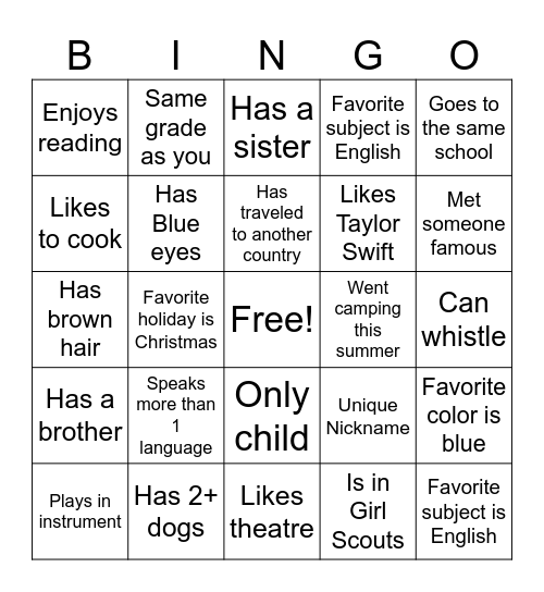 Junior Dance Bingo Card