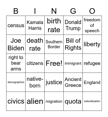 We the People VOCABULARY Bingo Card