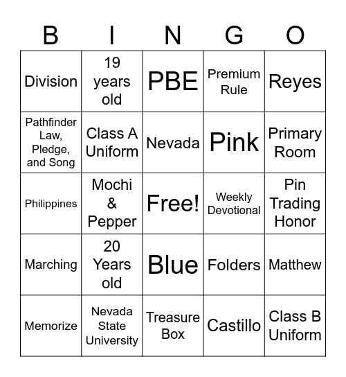 First Day Bingo Card