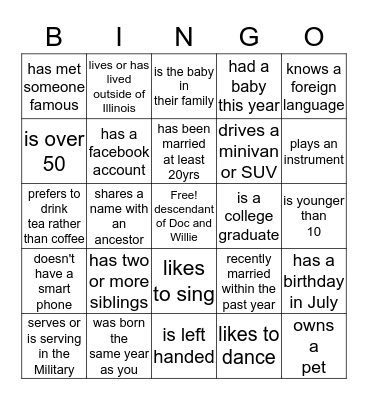 Peek Family BINGO Card