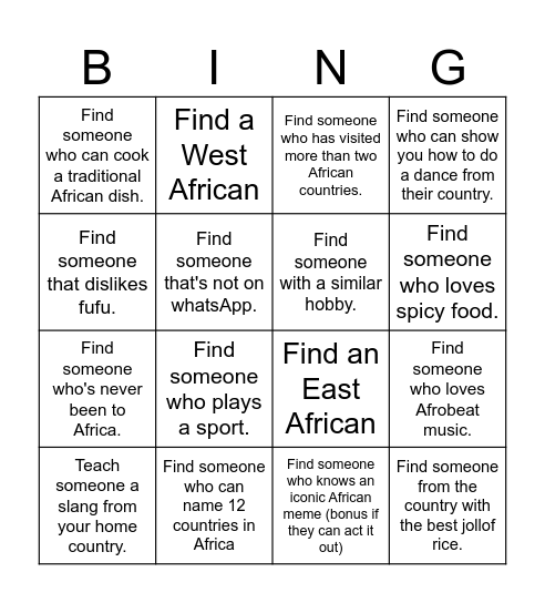 African Students Association Bingo Card