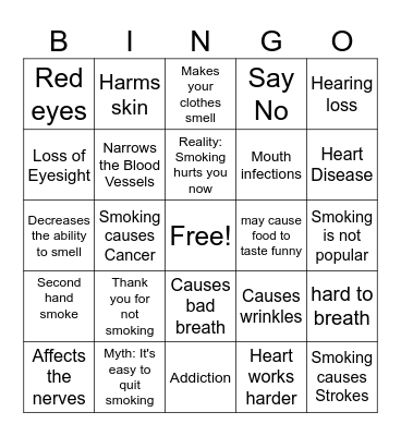 Smoking Myths and Realities Bingo Card