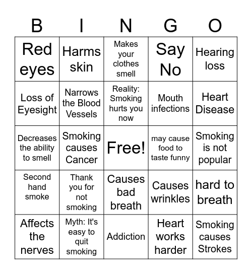 Smoking Myths and Realities Bingo Card