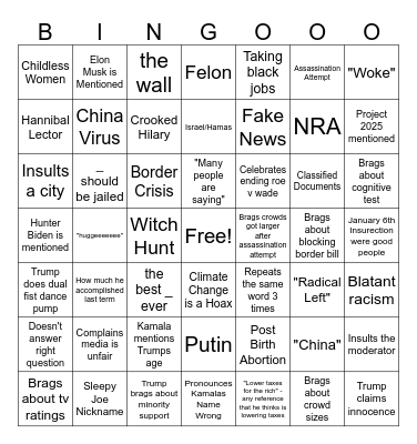 Trump Debate Bingo Card
