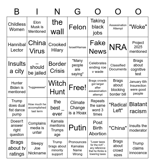 Trump Debate Bingo Card