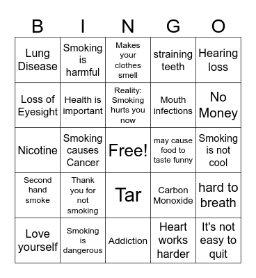 Smoking Myths and Realities Bingo Card