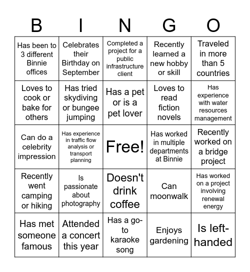 Binnie Human Bingo Card