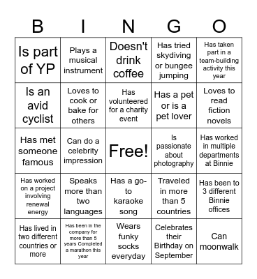 Binnie Human Bingo Card