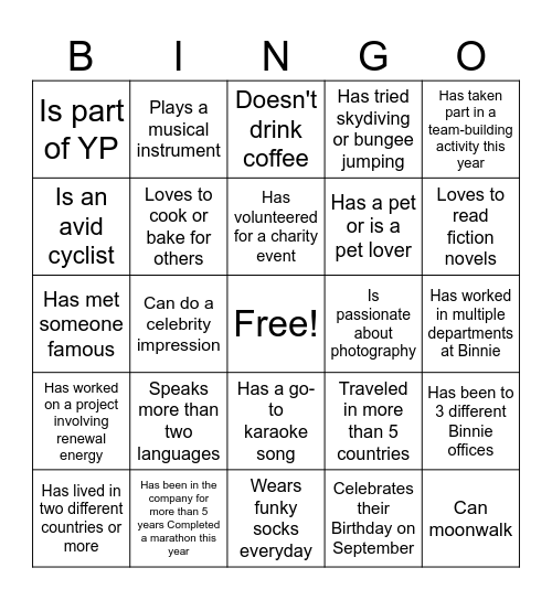 Binnie Human Bingo Card