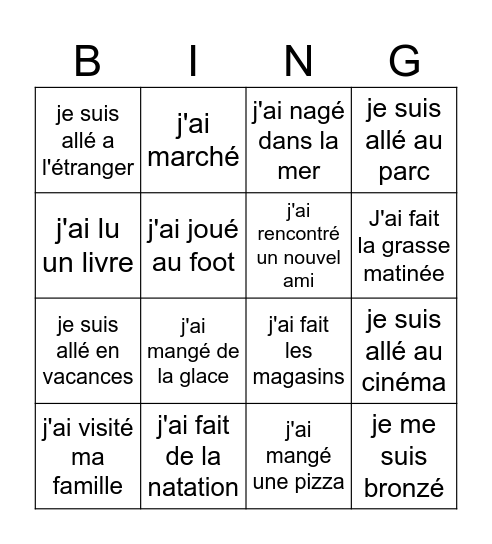 Vacances BINGO Card