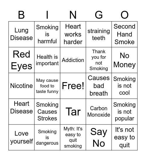 Smoking Myths and Realities Bingo Card