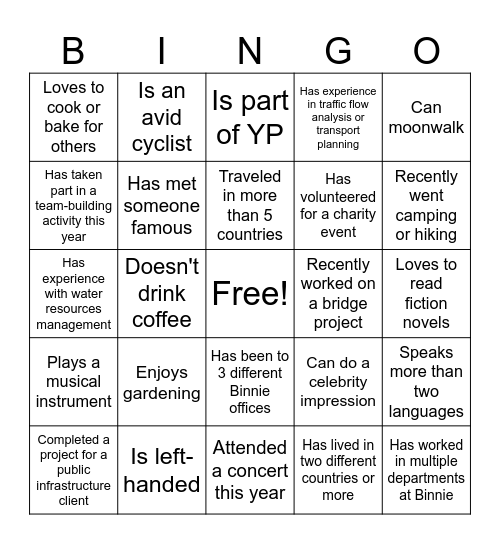 Binnie Human Bingo Card