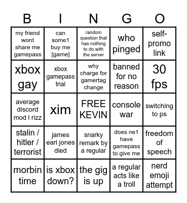 XBOX DISCORD BINGO Card