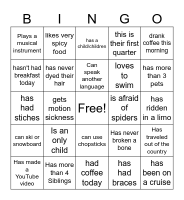 Class Intro Bingo Card