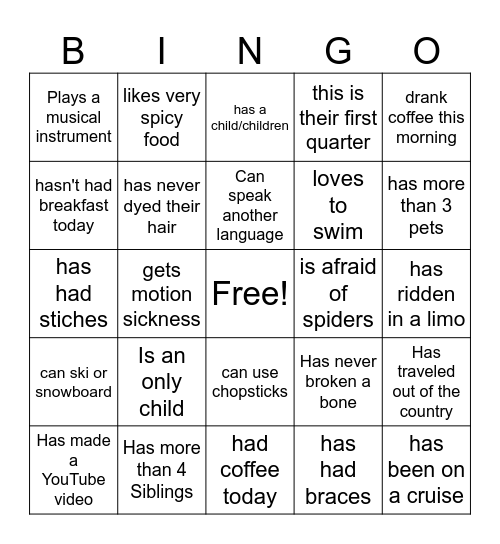 Class Intro Bingo Card