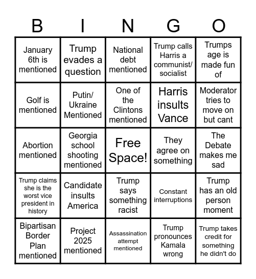 Presidential Debate 2024 Trump VS Harris Bingo Card