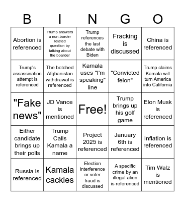 Trump/Harris Debate 2024 Bingo Card