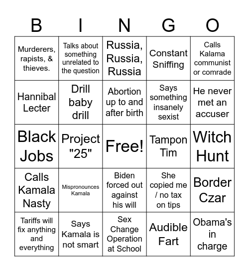 Trump Debate Bingo Card