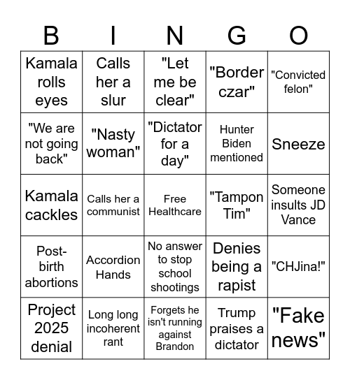 Debate Bingo Card