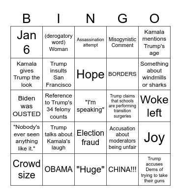 September 10th Kamala Harris vs Donald Trump presidential debate Bingo Card