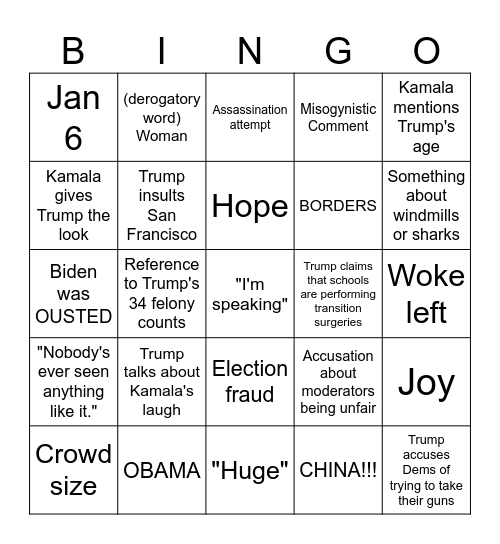 September 10th Kamala Harris vs Donald Trump presidential debate Bingo Card