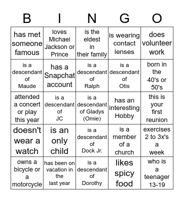 Peek Family 2016 Bingo Card