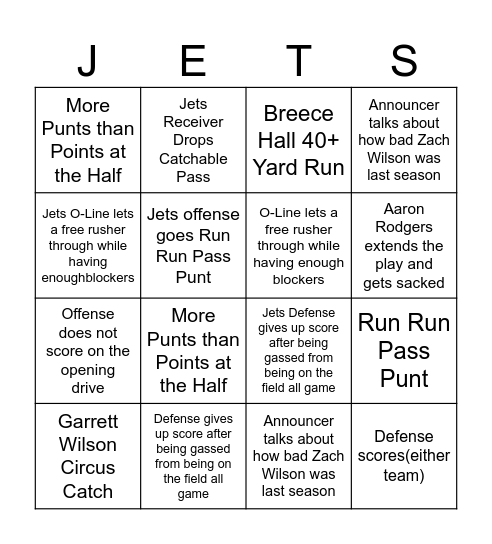 Jets Sadness Bingo Card