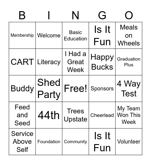 Rotary Club of the Reedy River Greenville Bingo Card