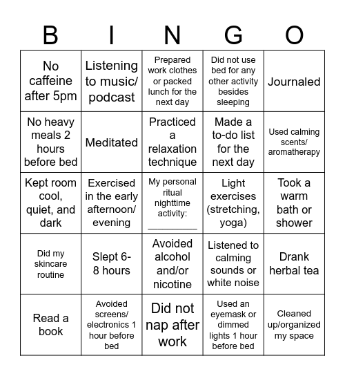 Creating a good night routine! Bingo Card